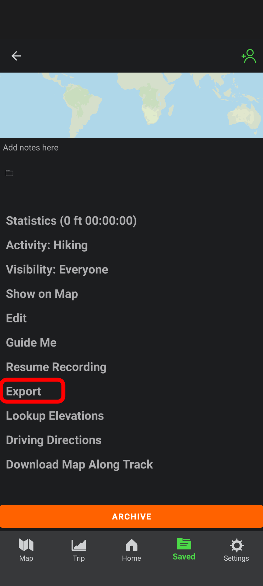 Screenshot of exporting as GPX