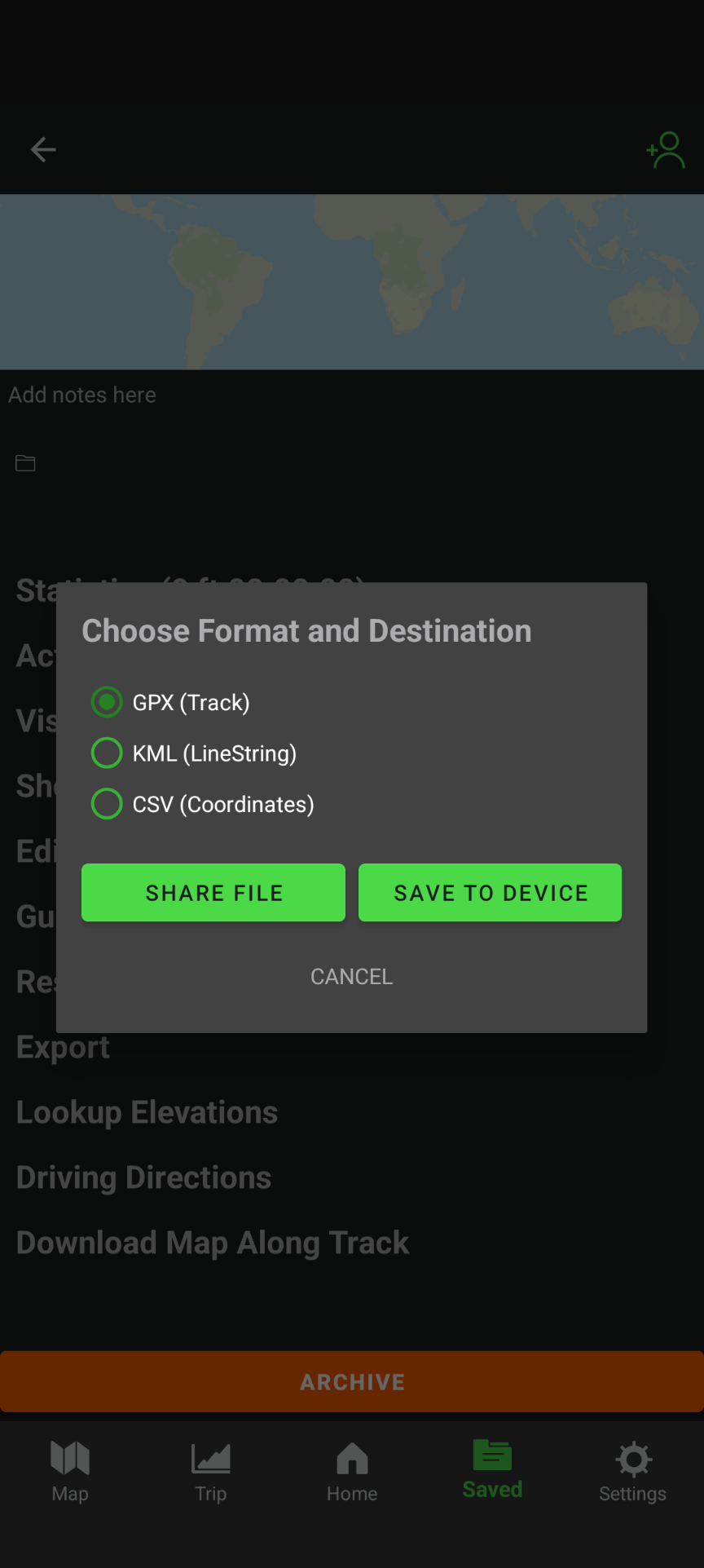 Screenshot of exporting as GPX