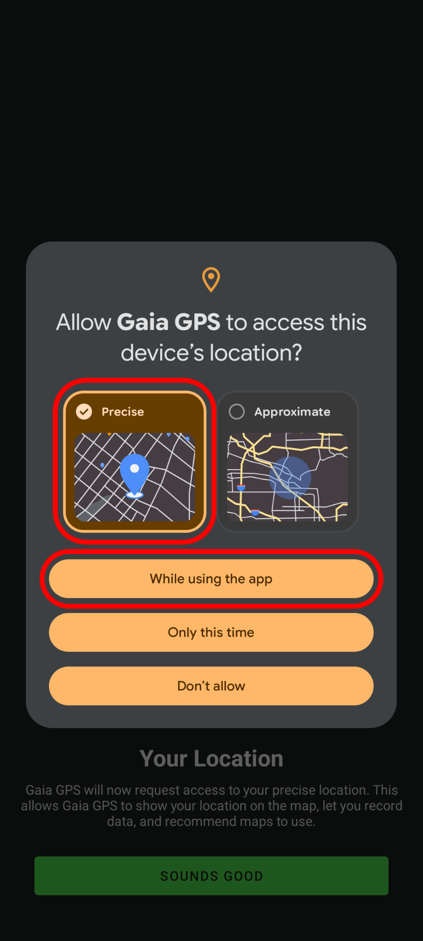 Screenshot of location permissions