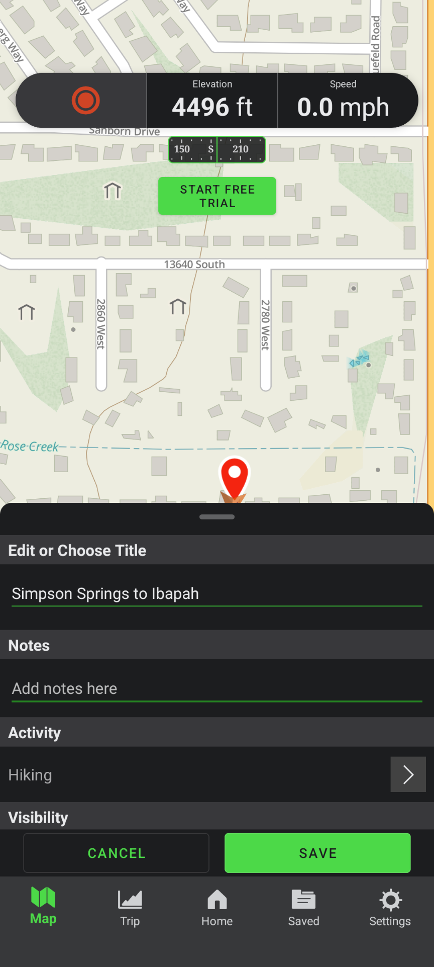Screenshot of saving the track